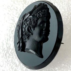 Antique Victorian Mourning black glass pin as is